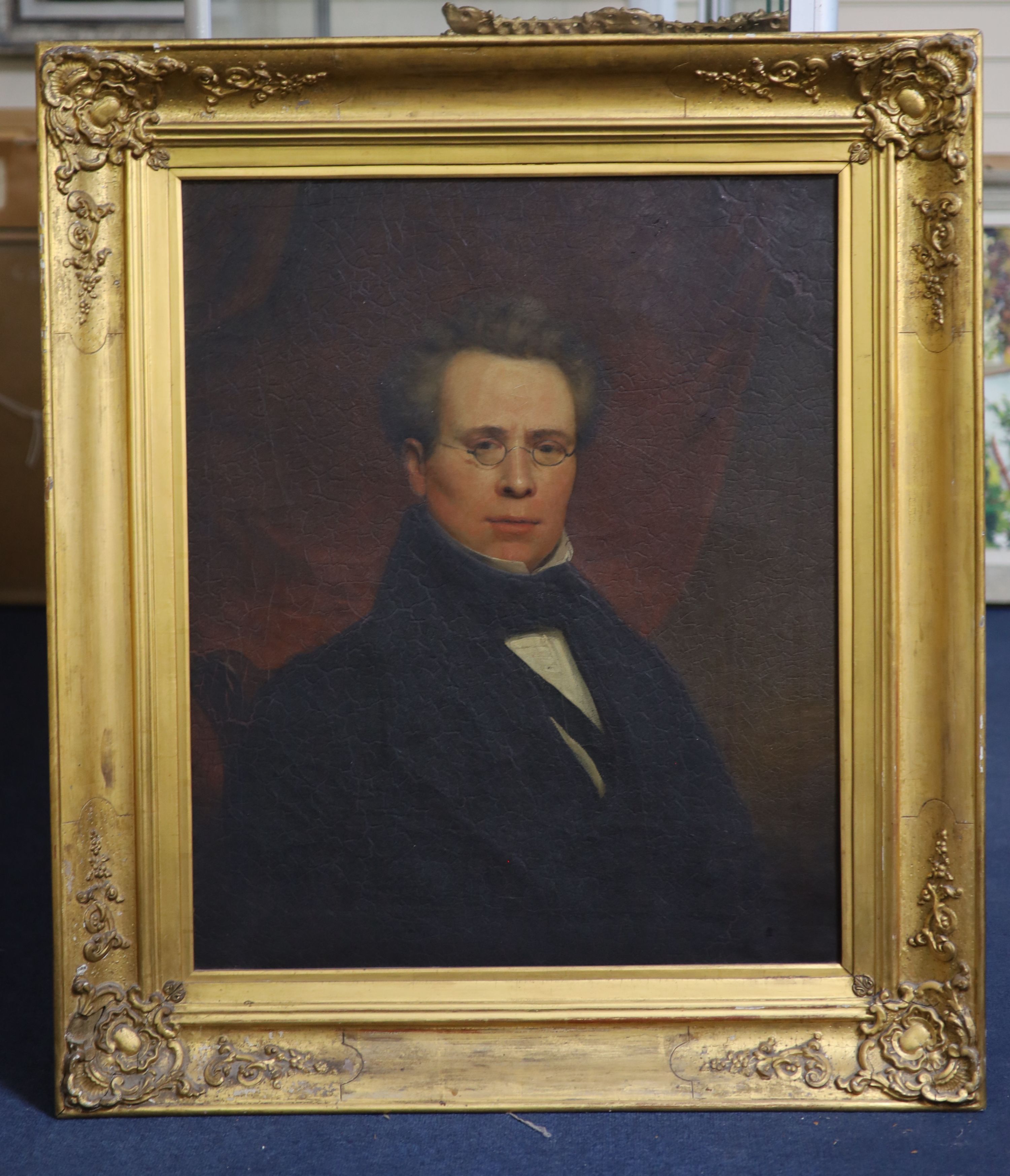 English School c.1880, oil on canvas, Half length portrait of a gentleman wearing spectacles, 72 x 60cm